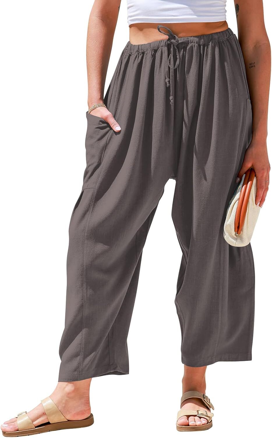 ⏰Hot Sale-Womens Linen Wide Leg Pants Casual Loose Drawstring Low Waist Beach Palazzo Harem Pants with Pockets
