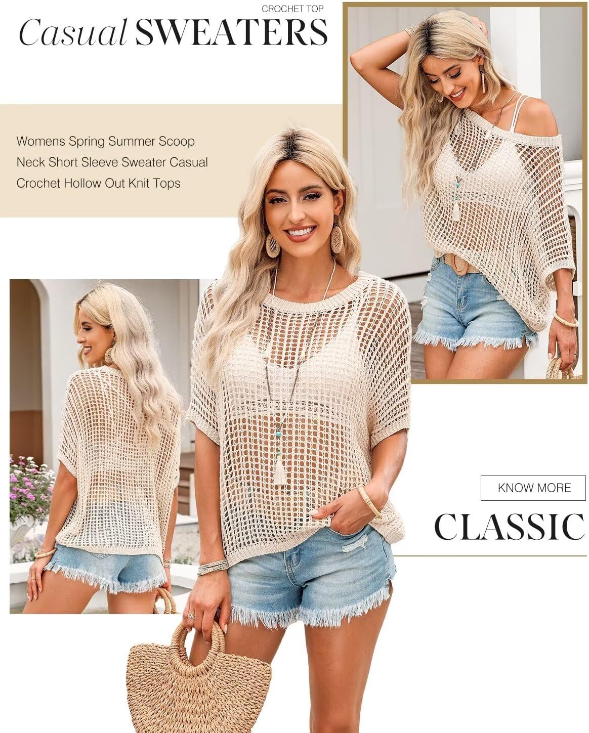 Womens Summer Scoop Neck Short Sleeve Sweater Casual Crochet Hollow Out Knit Tops Pullover Shirts Beach Coverup