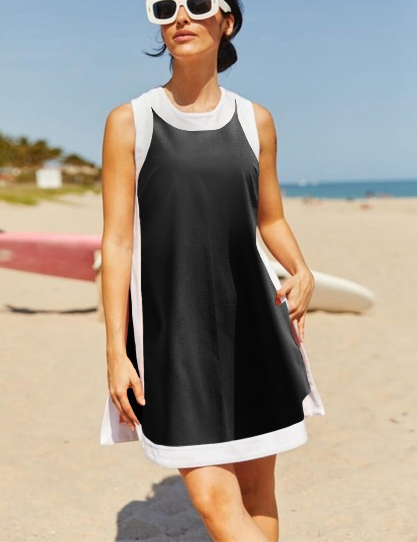⏰Hot Sale-Women's Casual Color Block Sleeveless Tops Matching Shorts with Pockets
