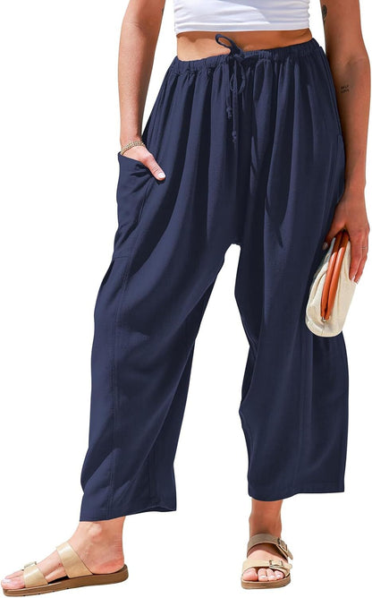 ⏰Hot Sale-Womens Linen Wide Leg Pants Casual Loose Drawstring Low Waist Beach Palazzo Harem Pants with Pockets