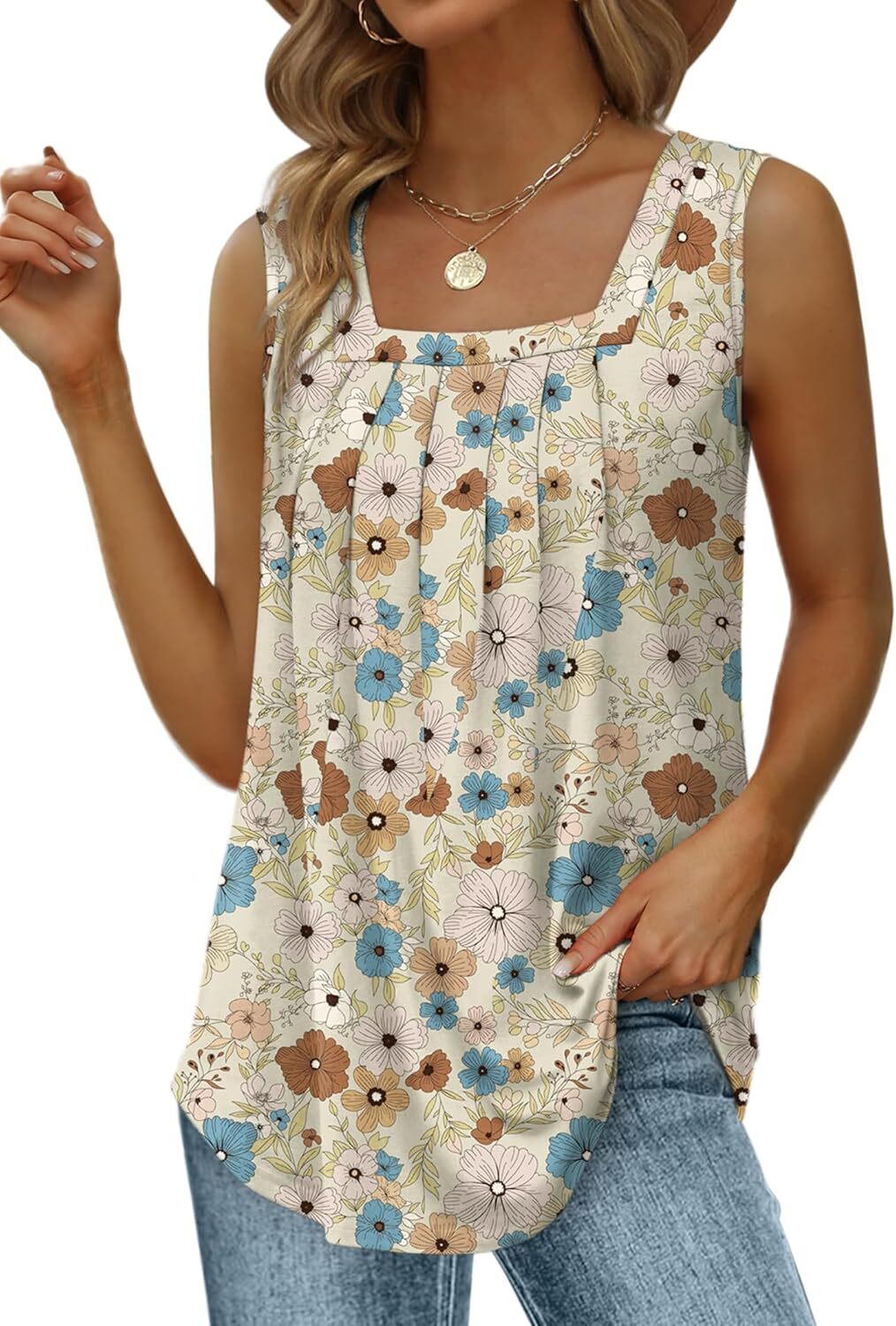 Special Sale🩷Summer Tank Tops for Women Loose Fit Pleated Square Neck Sleeveless Tops Curved Hem Flowy