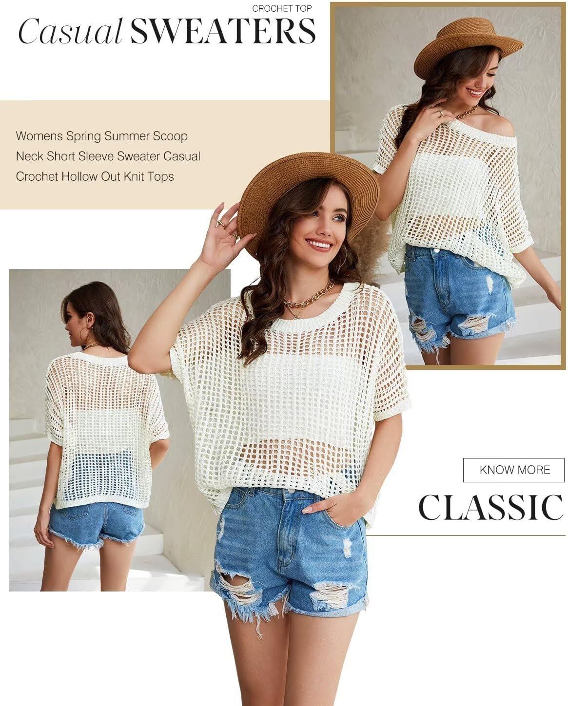 Womens Summer Scoop Neck Short Sleeve Sweater Casual Crochet Hollow Out Knit Tops Pullover Shirts Beach Coverup