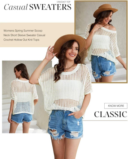 Womens Summer Scoop Neck Short Sleeve Sweater Casual Crochet Hollow Out Knit Tops Pullover Shirts Beach Coverup