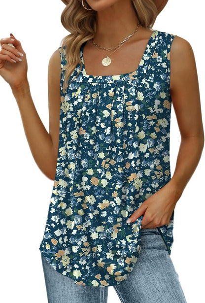Special Sale🩷Summer Tank Tops for Women Loose Fit Pleated Square Neck Sleeveless Tops Curved Hem Flowy