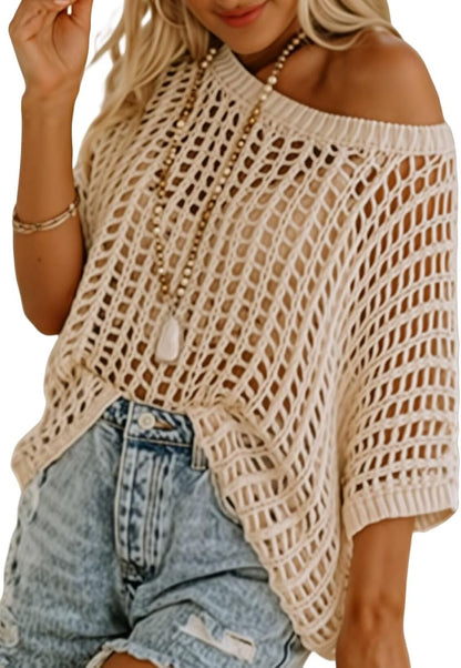 Womens Summer Scoop Neck Short Sleeve Sweater Casual Crochet Hollow Out Knit Tops Pullover Shirts Beach Coverup