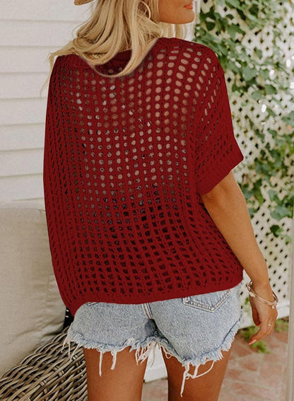 Womens Summer Scoop Neck Short Sleeve Sweater Casual Crochet Hollow Out Knit Tops Pullover Shirts Beach Coverup