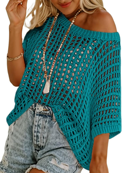 Womens Summer Scoop Neck Short Sleeve Sweater Casual Crochet Hollow Out Knit Tops Pullover Shirts Beach Coverup