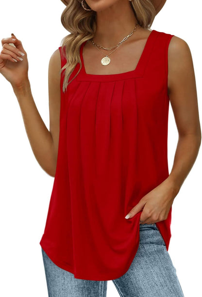 Special Sale🩷Summer Tank Tops for Women Loose Fit Pleated Square Neck Sleeveless Tops Curved Hem Flowy