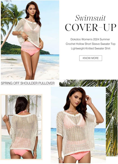 Womens Summer Scoop Neck Short Sleeve Sweater Casual Crochet Hollow Out Knit Tops Pullover Shirts Beach Coverup
