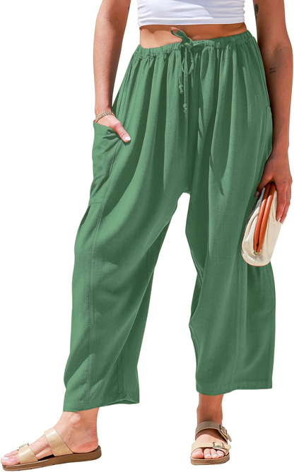 ⏰Hot Sale-Womens Linen Wide Leg Pants Casual Loose Drawstring Low Waist Beach Palazzo Harem Pants with Pockets