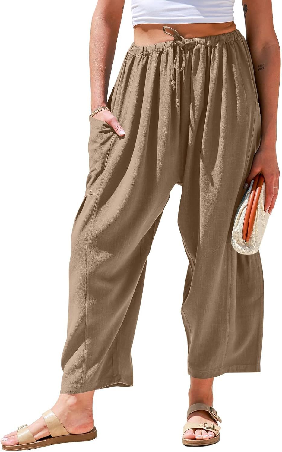 ⏰Hot Sale-Womens Linen Wide Leg Pants Casual Loose Drawstring Low Waist Beach Palazzo Harem Pants with Pockets