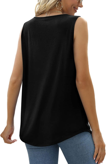 Special Sale🩷Summer Tank Tops for Women Loose Fit Pleated Square Neck Sleeveless Tops Curved Hem Flowy