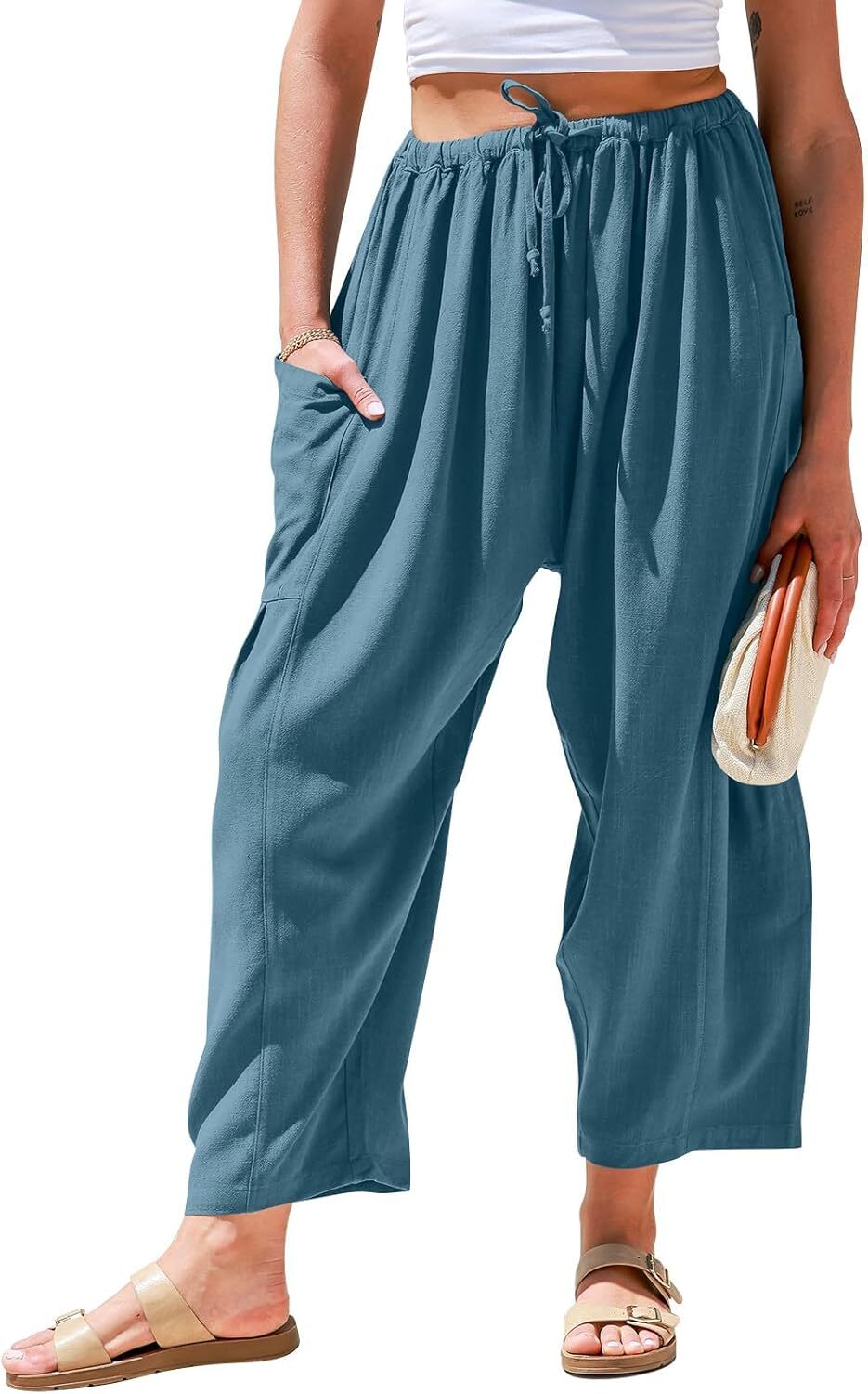 ⏰Hot Sale-Womens Linen Wide Leg Pants Casual Loose Drawstring Low Waist Beach Palazzo Harem Pants with Pockets