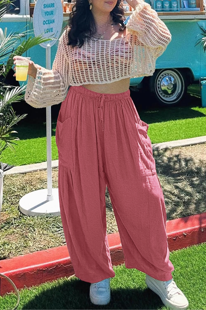 ⏰Hot Sale-Womens Linen Wide Leg Pants Casual Loose Drawstring Low Waist Beach Palazzo Harem Pants with Pockets