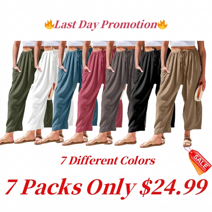 ⏰Hot Sale-Womens Linen Wide Leg Pants Casual Loose Drawstring Low Waist Beach Palazzo Harem Pants with Pockets
