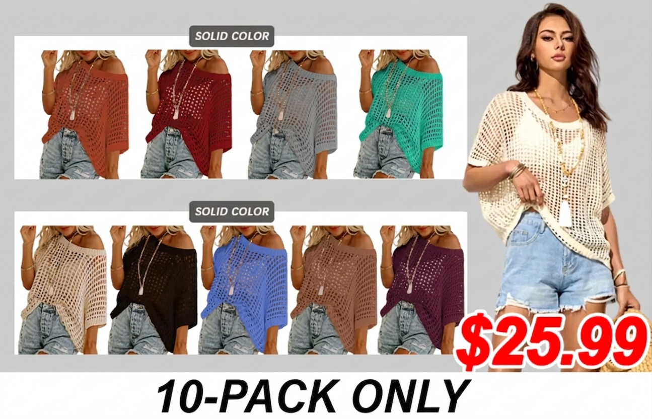 Womens Summer Scoop Neck Short Sleeve Sweater Casual Crochet Hollow Out Knit Tops Pullover Shirts Beach Coverup