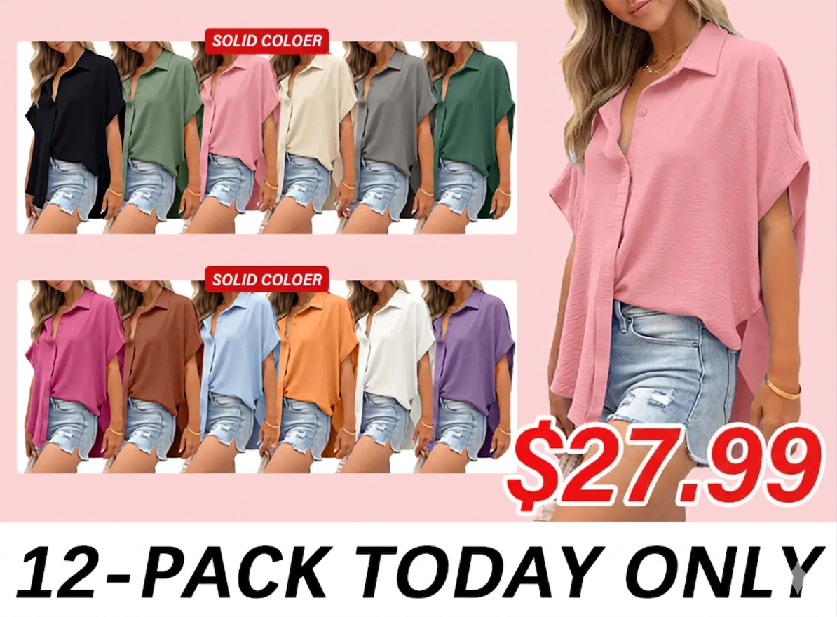 Women's Casual Button Short Sleeve Slit Hem Shirt Solid Color Tops