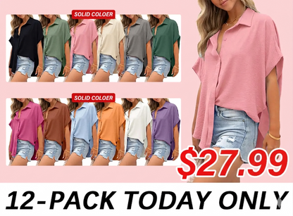 Women's Casual Button Short Sleeve Slit Hem Shirt Solid Color Tops