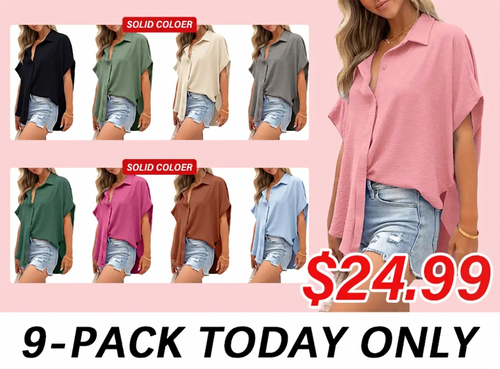Women's Casual Button Short Sleeve Slit Hem Shirt Solid Color Tops