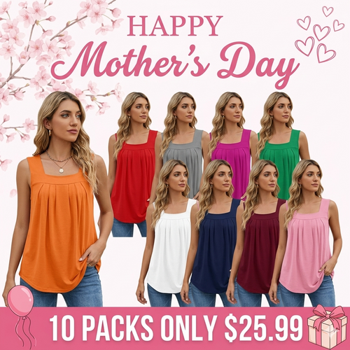 Special Sale🩷Summer Tank Tops for Women Loose Fit Pleated Square Neck Sleeveless Tops Curved Hem Flowy