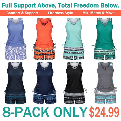⏰LAST DAY 90% OFF - Women's 2-Piece Tummy Control Tankini Set with Built-In Bra – Flattering Boho Swimwear with Shorts