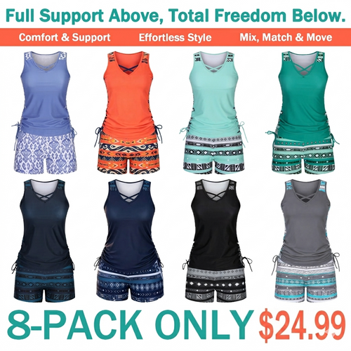 ⏰LAST DAY 90% OFF - Women's 2-Piece Tummy Control Tankini Set with Built-In Bra – Flattering Boho Swimwear with Shorts