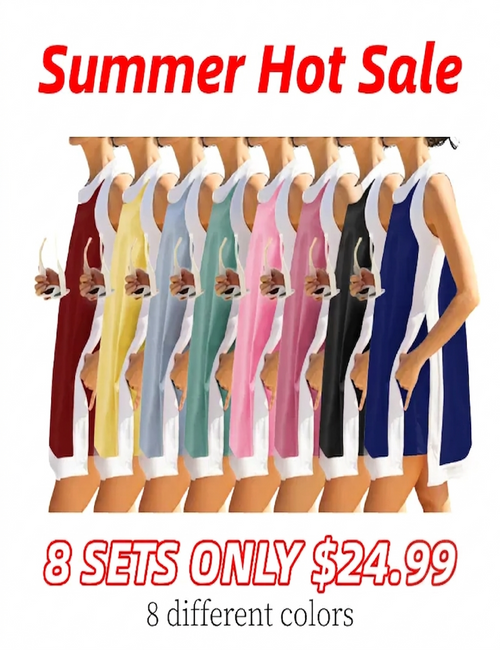 ⏰Hot Sale-Women's Casual Color Block Sleeveless Tops Matching Shorts with Pockets