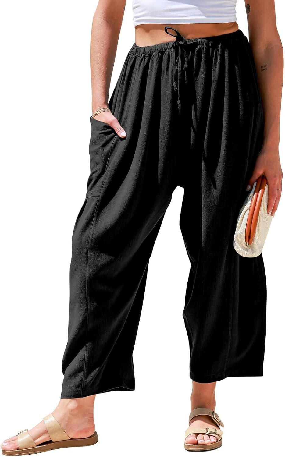 ⏰Hot Sale-Womens Linen Wide Leg Pants Casual Loose Drawstring Low Waist Beach Palazzo Harem Pants with Pockets