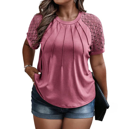 Eytino Plus Size Tops for Women Summer Lace Short Sleeve Crewneck Loose Casual Blouse Tunic T Shirts(1X-5X)