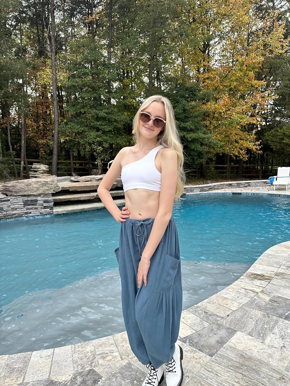 ⏰Hot Sale-Womens Linen Wide Leg Pants Casual Loose Drawstring Low Waist Beach Palazzo Harem Pants with Pockets