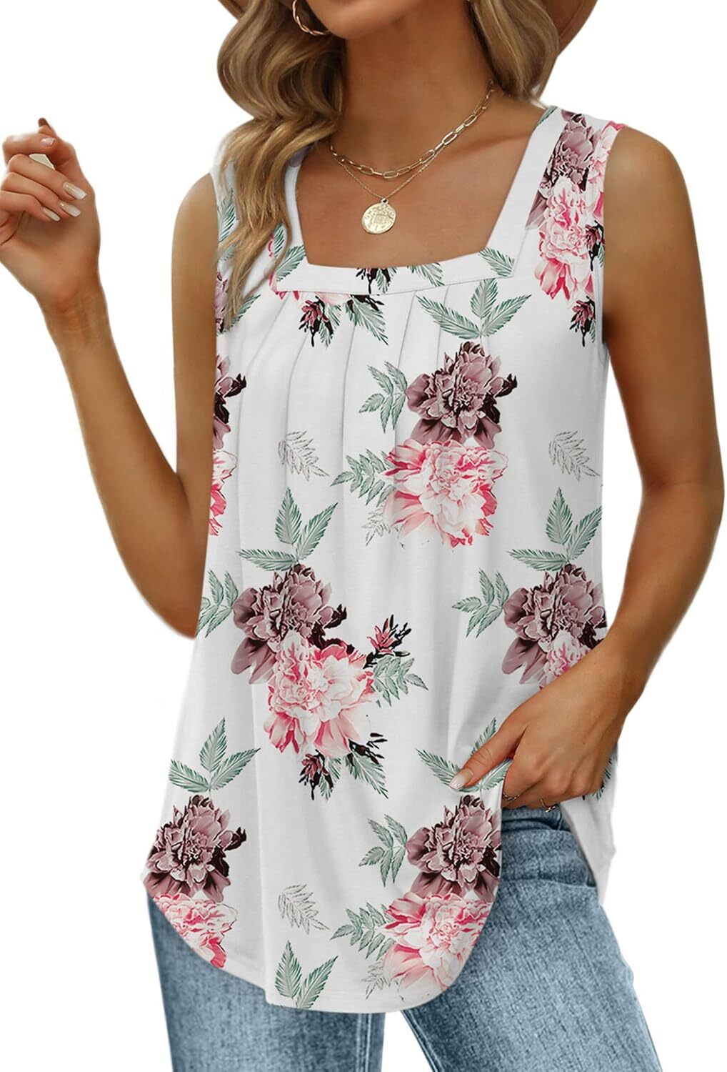 Special Sale🩷Summer Tank Tops for Women Loose Fit Pleated Square Neck Sleeveless Tops Curved Hem Flowy