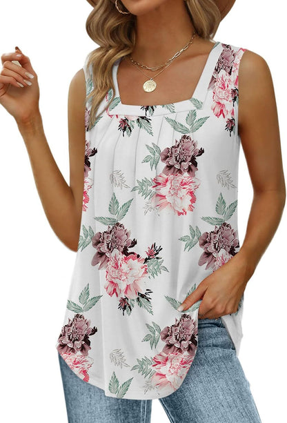 Special Sale🩷Summer Tank Tops for Women Loose Fit Pleated Square Neck Sleeveless Tops Curved Hem Flowy