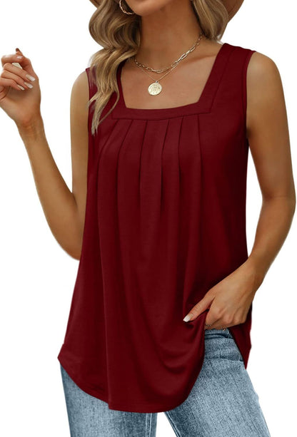 Special Sale🩷Summer Tank Tops for Women Loose Fit Pleated Square Neck Sleeveless Tops Curved Hem Flowy