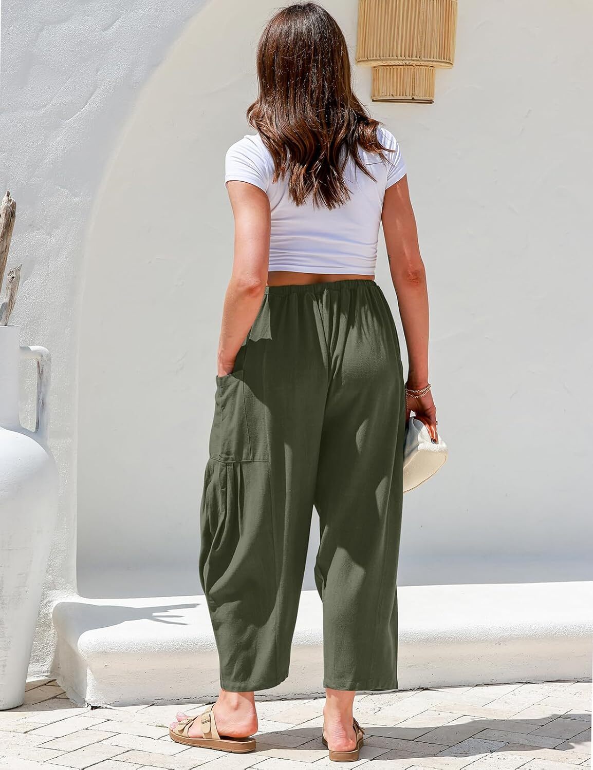 ⏰Hot Sale-Womens Linen Wide Leg Pants Casual Loose Drawstring Low Waist Beach Palazzo Harem Pants with Pockets