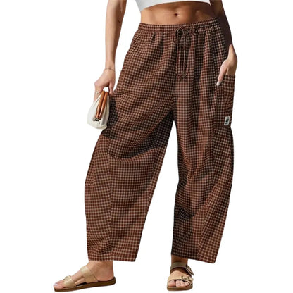 Womens Wide Leg Gingham Striped Plaid Pants