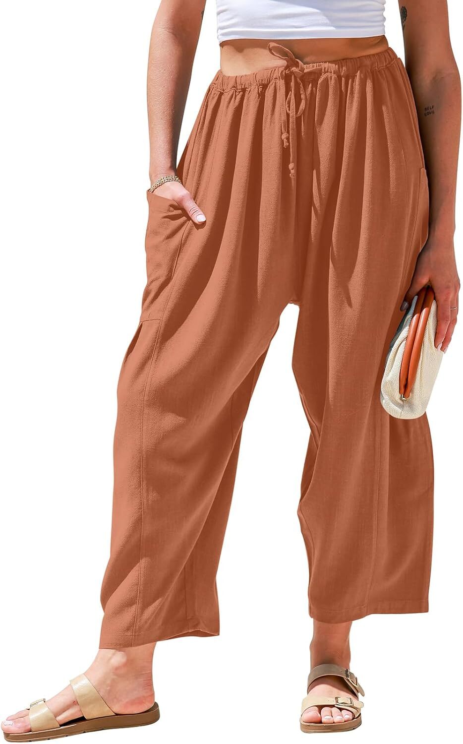 ⏰Hot Sale-Womens Linen Wide Leg Pants Casual Loose Drawstring Low Waist Beach Palazzo Harem Pants with Pockets