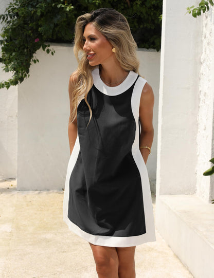⏰Hot Sale-Women's Casual Color Block Sleeveless Tops Matching Shorts with Pockets