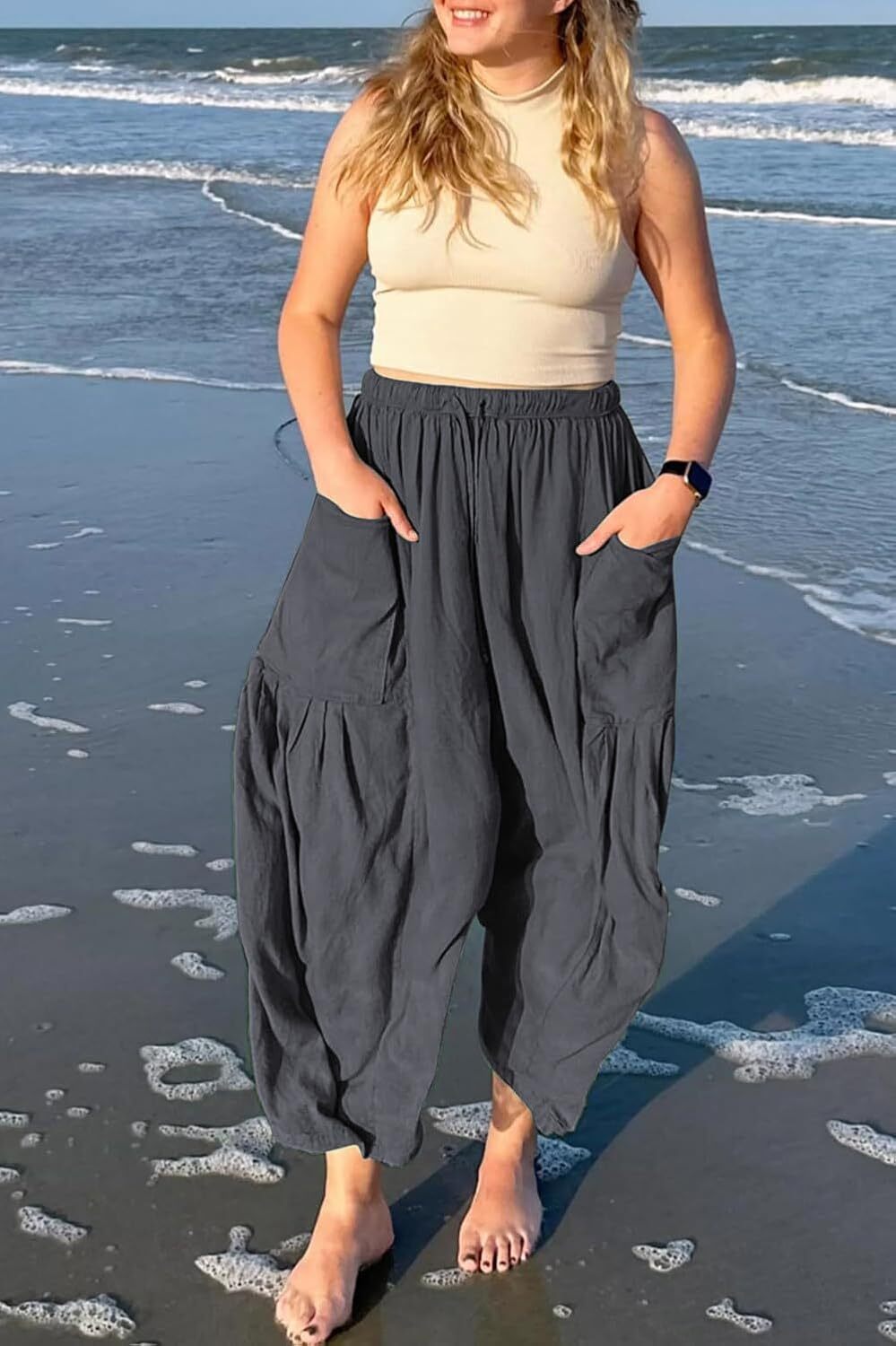 ⏰Hot Sale-Womens Linen Wide Leg Pants Casual Loose Drawstring Low Waist Beach Palazzo Harem Pants with Pockets