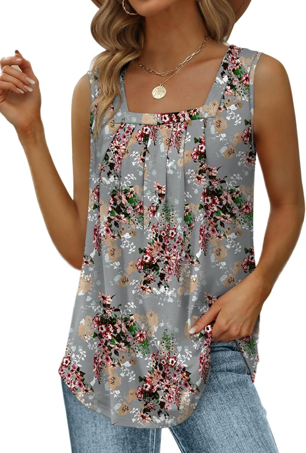 Special Sale🩷Summer Tank Tops for Women Loose Fit Pleated Square Neck Sleeveless Tops Curved Hem Flowy