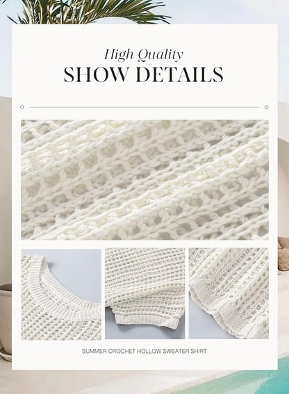 Womens Summer Scoop Neck Short Sleeve Sweater Casual Crochet Hollow Out Knit Tops Pullover Shirts Beach Coverup
