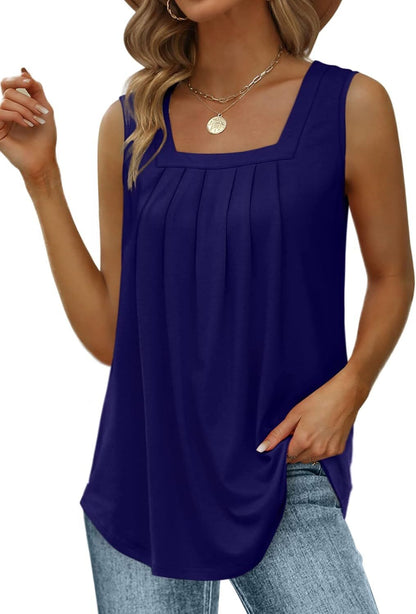 Special Sale🩷Summer Tank Tops for Women Loose Fit Pleated Square Neck Sleeveless Tops Curved Hem Flowy