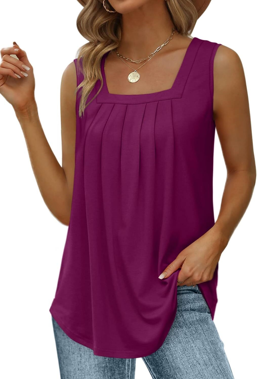 Special Sale🩷Summer Tank Tops for Women Loose Fit Pleated Square Neck Sleeveless Tops Curved Hem Flowy