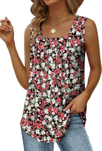 Special Sale🩷Summer Tank Tops for Women Loose Fit Pleated Square Neck Sleeveless Tops Curved Hem Flowy