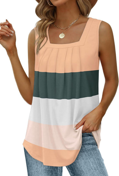 Special Sale🩷Summer Tank Tops for Women Loose Fit Pleated Square Neck Sleeveless Tops Curved Hem Flowy