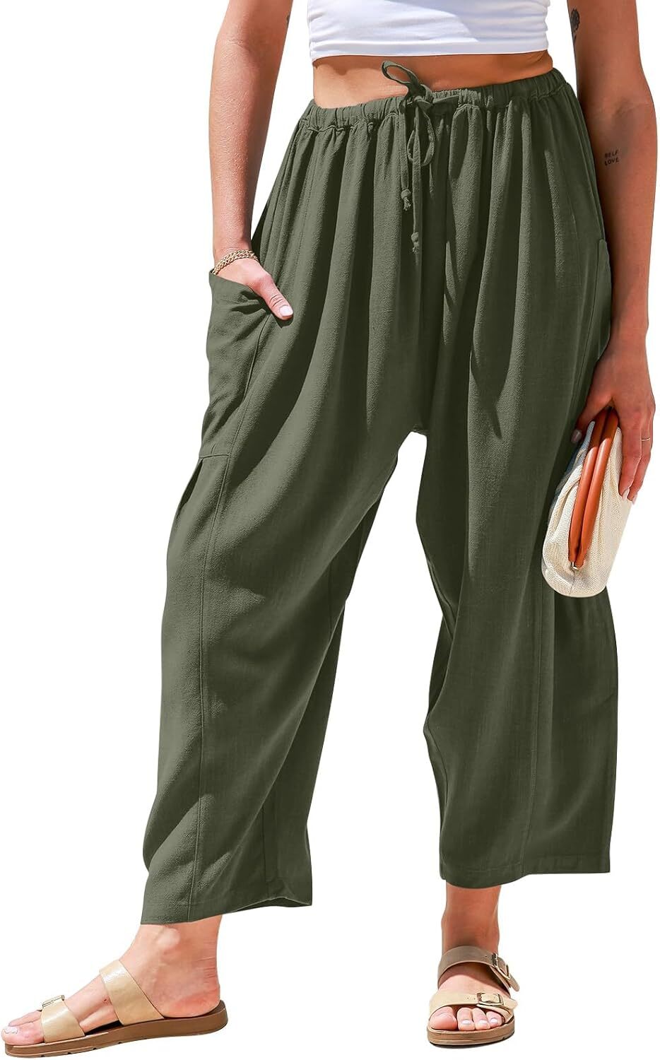 ⏰Hot Sale-Womens Linen Wide Leg Pants Casual Loose Drawstring Low Waist Beach Palazzo Harem Pants with Pockets