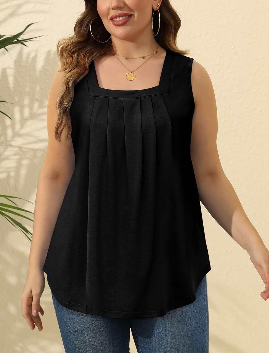 Special Sale🩷Summer Tank Tops for Women Loose Fit Pleated Square Neck Sleeveless Tops Curved Hem Flowy