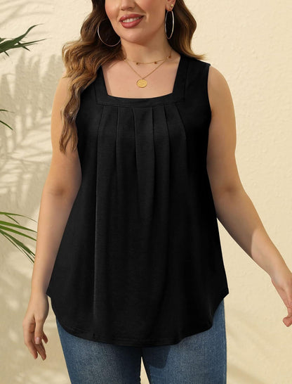 Special Sale🩷Summer Tank Tops for Women Loose Fit Pleated Square Neck Sleeveless Tops Curved Hem Flowy